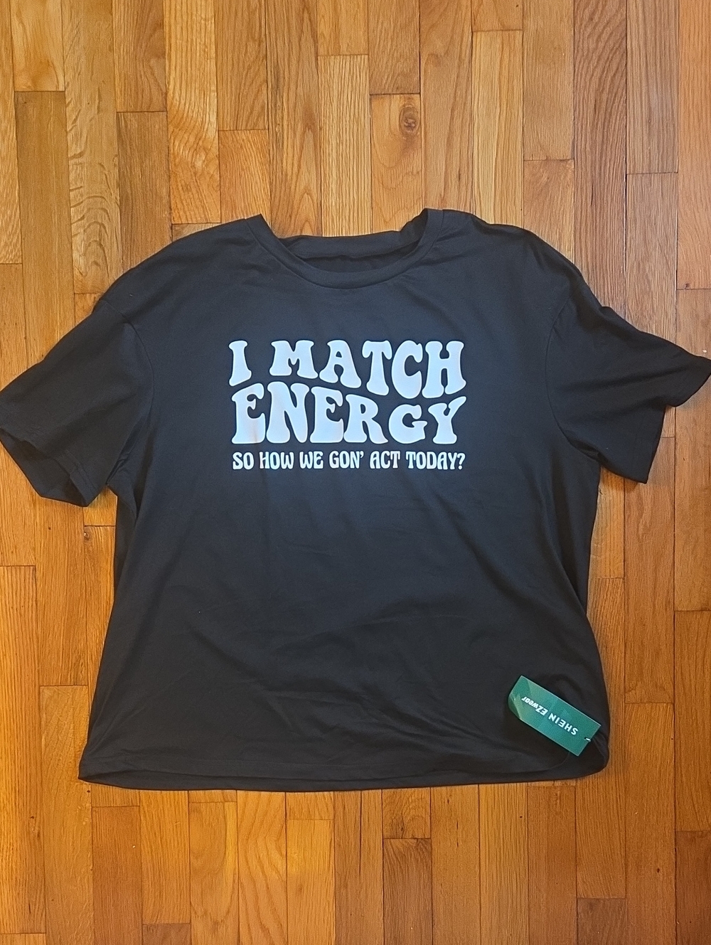 SHEIN Black Tee with Green Tag